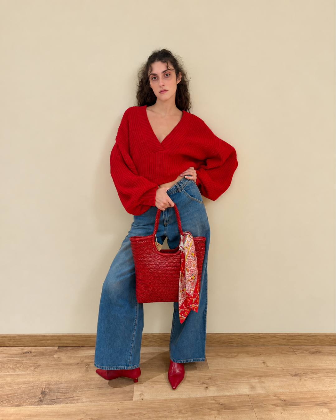 Maglia drop rossa con maniche a palloncino