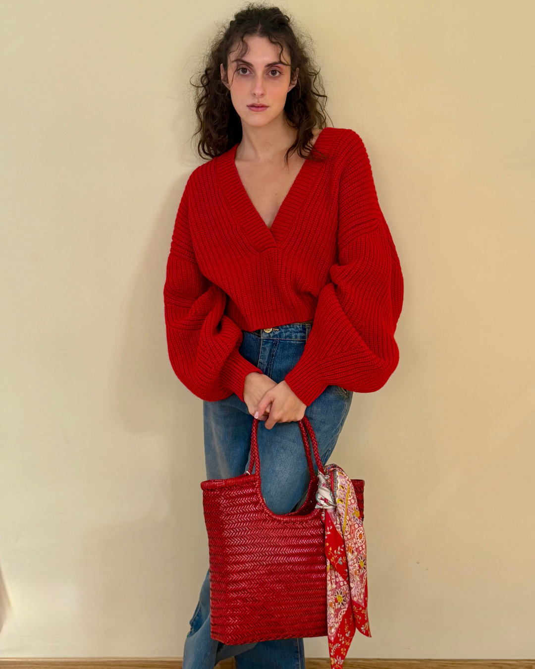 Maglia drop rossa con maniche a palloncino